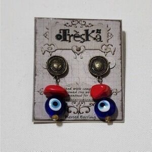 Treska Evil Eye Drop Earrings Blue Red Glass Nazar Bead Antique Bronze Pierced